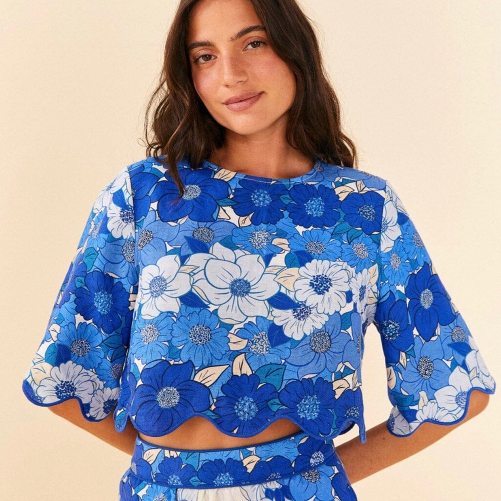 Farm Rio blue flower stripes crop top